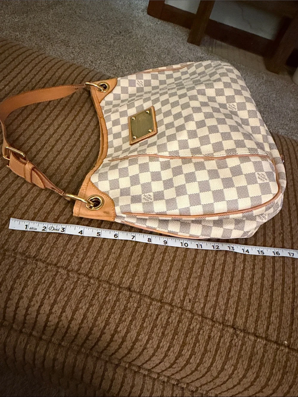 Louis Vuitton Damier Azur Galaria Canvas Shoulder Bag in White and Tan Leather